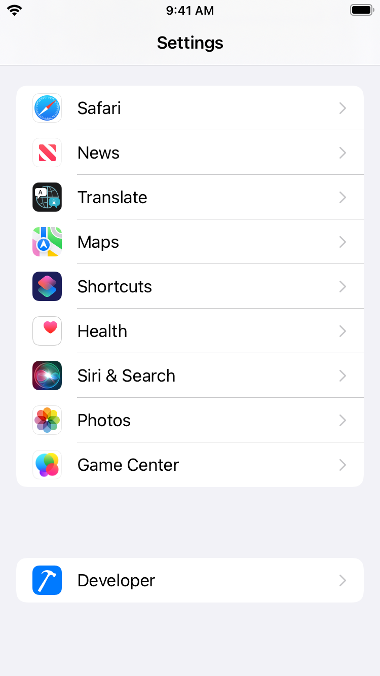 iOS Settings app root list