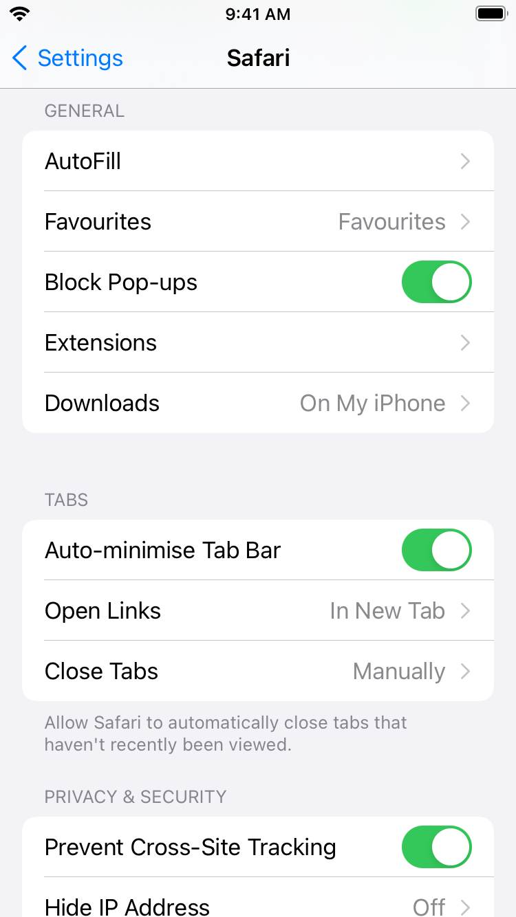 iOS Settings app Safari list