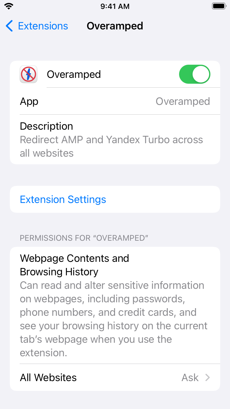 iOS Settings app Safari list