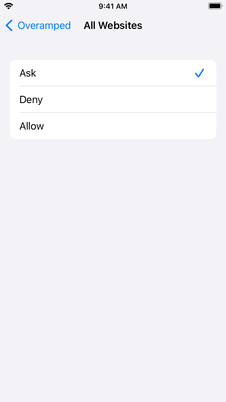 iOS Settings app Safari list