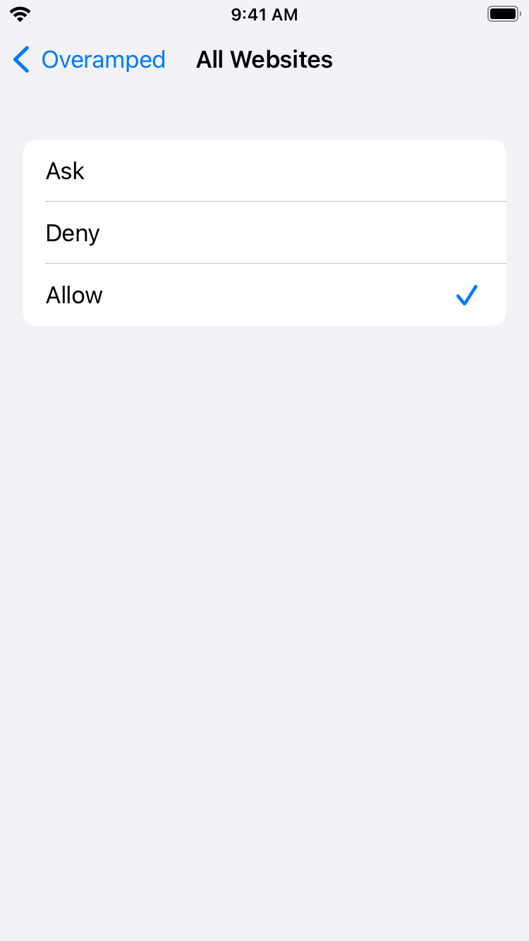 iOS Settings app Safari list